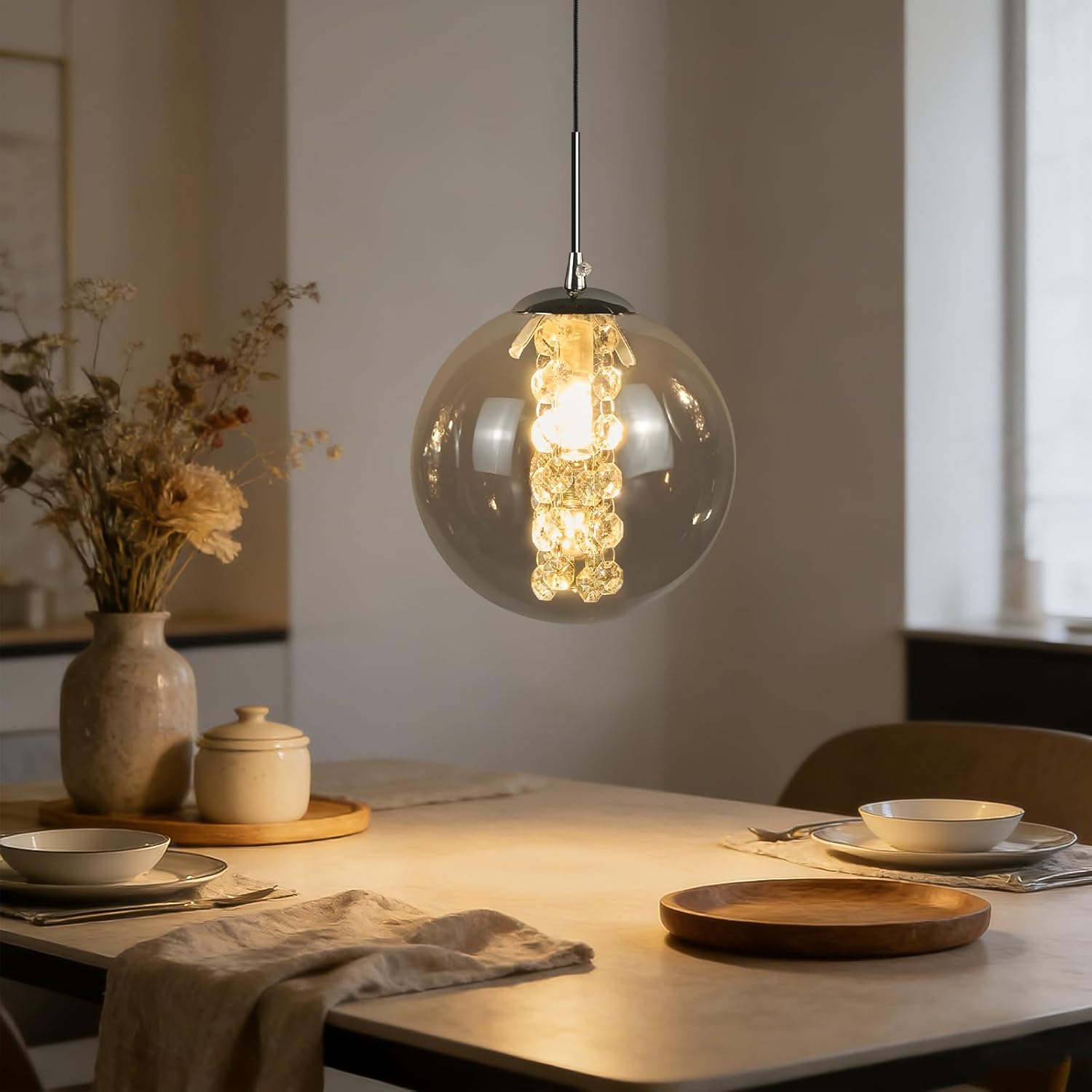 Glazen Bol Hanglamp met kristallen – 1 Lichtpunt – Orbix