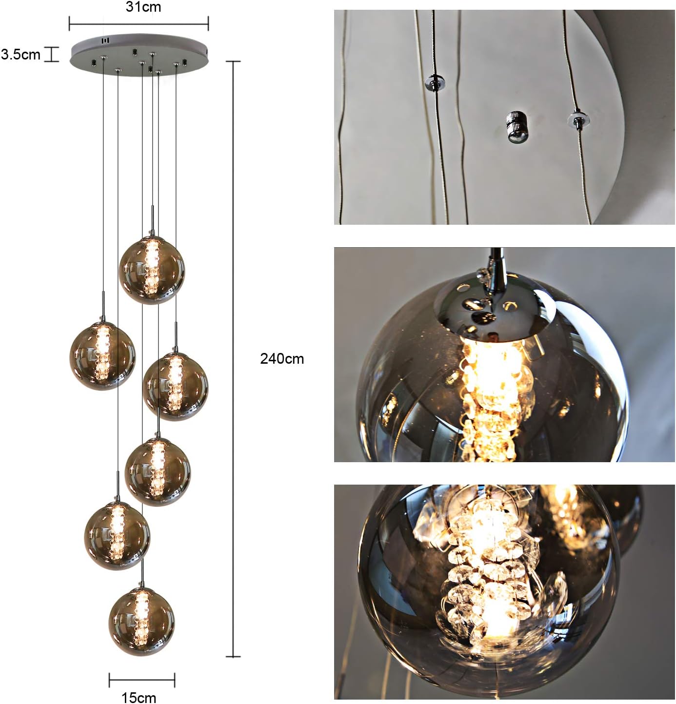 Glazen Bol Hanglamp met kristallen – 6 Lichtpunten – Orbix