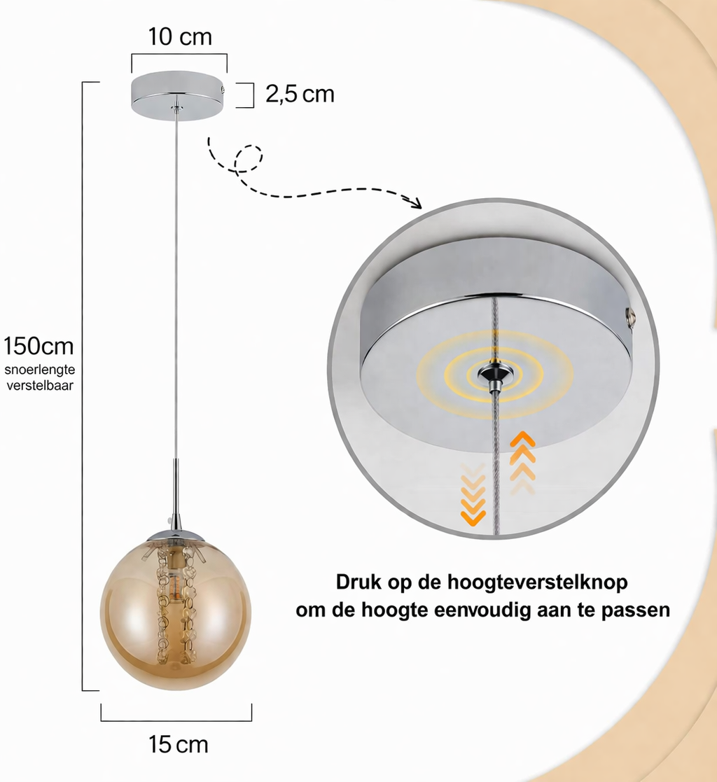 Glazen Bol Hanglamp met kristallen – 1 Lichtpunt – Orbix