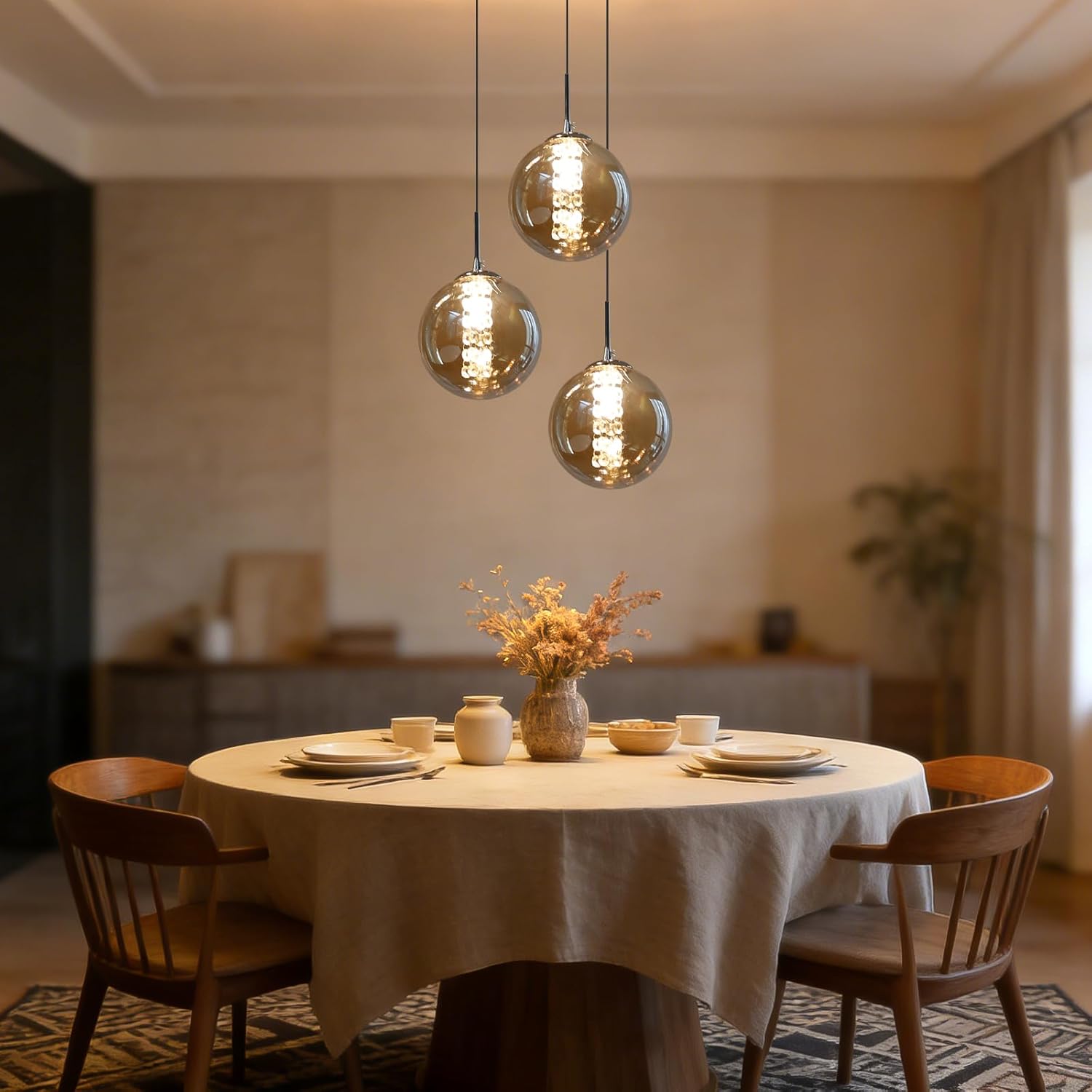 Glazen Bol Hanglamp met kristallen – 3 Lichtpunten – Orbix