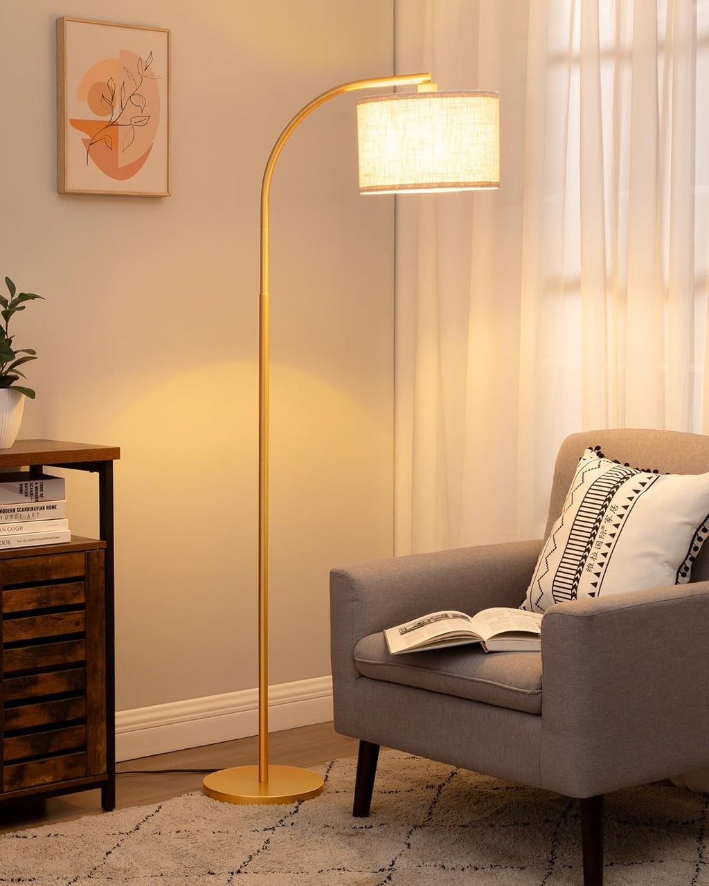 Vloerlamp Booglamp met Beige Linnen Kap, Inclusief E27 LED lamp – Vera