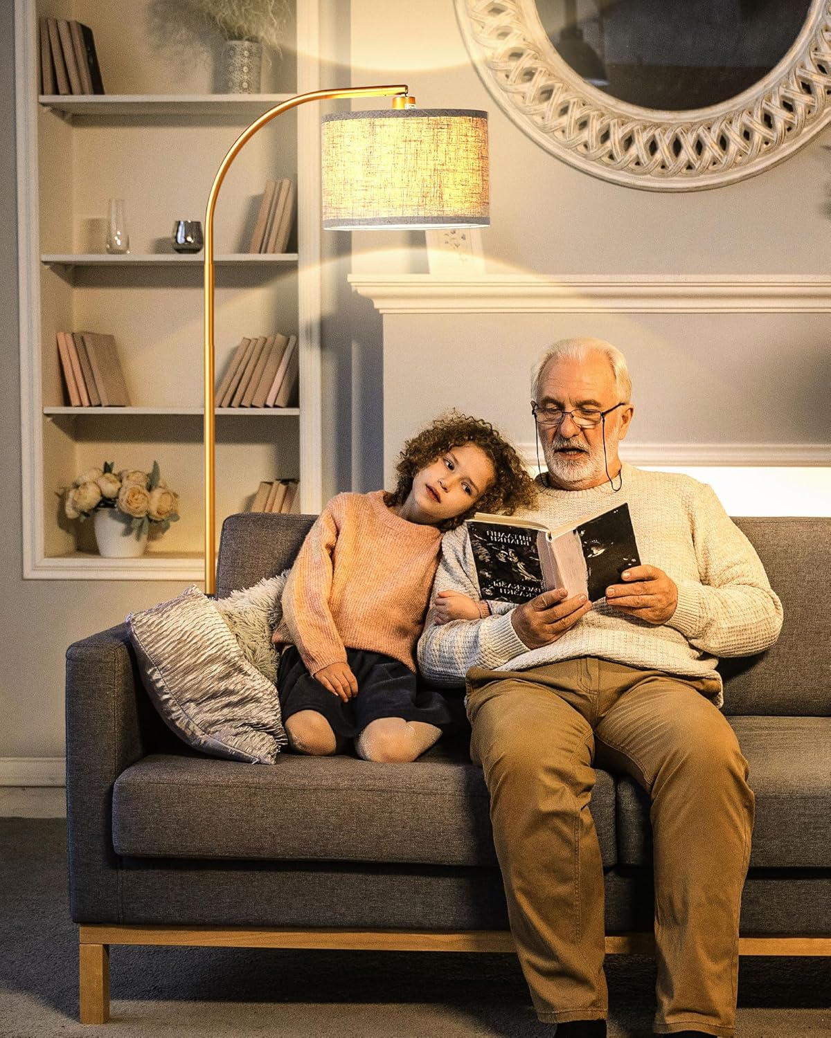 Vloerlamp Booglamp met Beige Linnen Kap, Inclusief E27 LED lamp – Vera