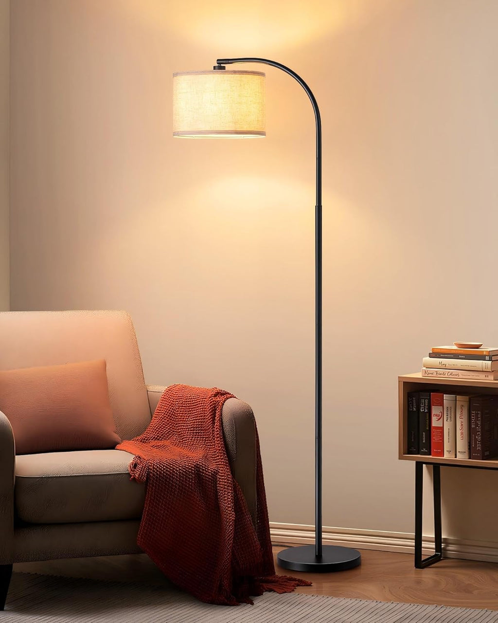 Vloerlamp Booglamp met Beige Linnen Kap, Inclusief E27 LED lamp – Vera